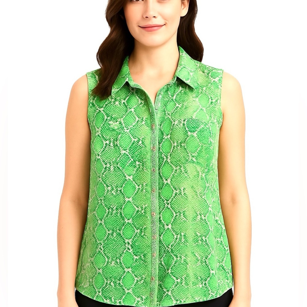 NY & CO. Green & white snake skin print sleeveless sheer‎ top, Size L